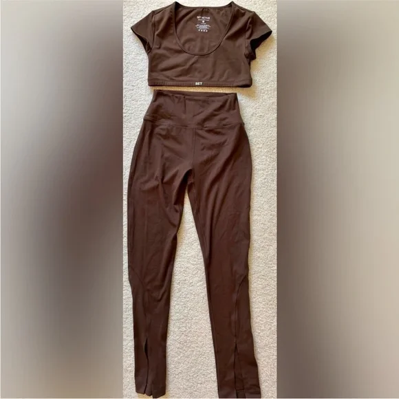 SET Active Brown High-Waist Leggings and Crop Top Set - Picture 2 of 11